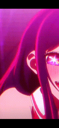 a close up of a purple anime girl with a star in her eye .