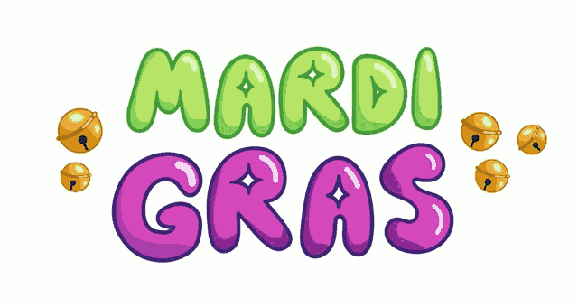mardi gras is written in green and purple with bells around it