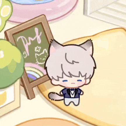 a cartoon character with a cat 's ears is sitting on a table next to a sign that says pets .