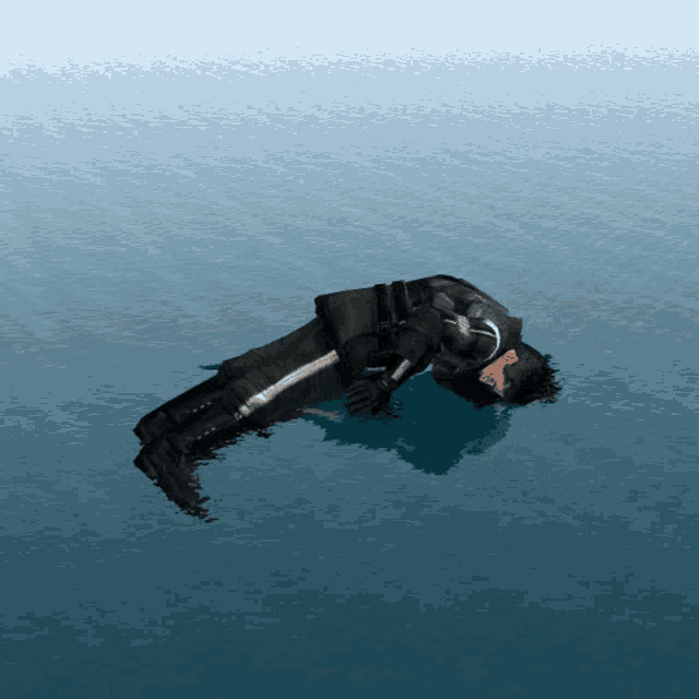 a computer generated image of a person floating on their back in the water