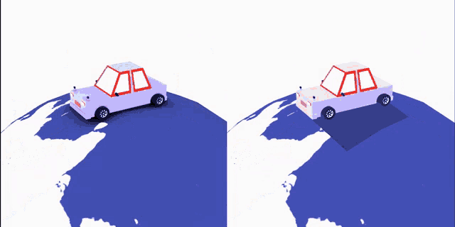 a cartoon drawing of a pink car on a blue globe