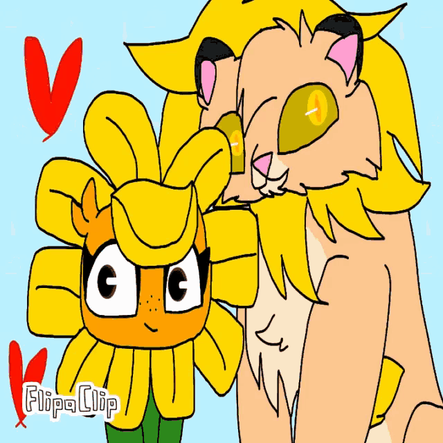 a cartoon drawing of a lion and a sunflower with the words flipa clip on the bottom