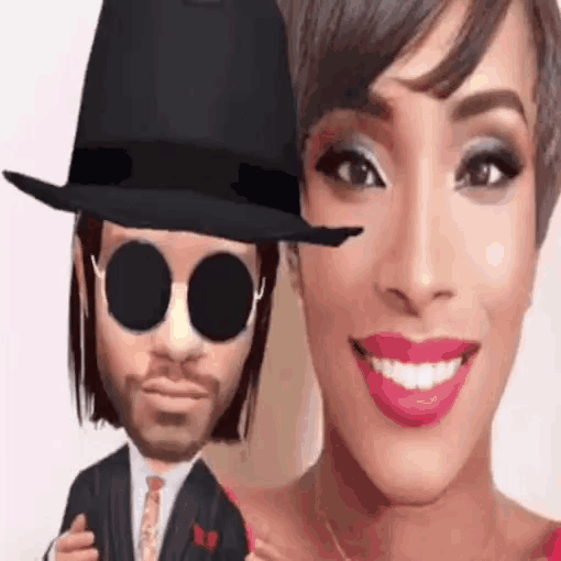 a woman is smiling next to a man wearing a fedora
