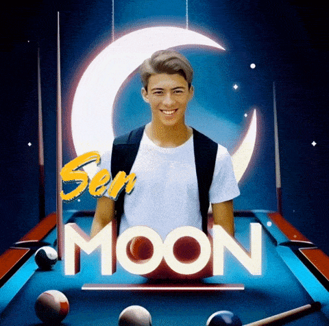 a man is standing in front of a pool table with the word moon written on it