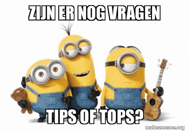 a group of minions standing next to each other with a caption that says zijn er nog vragen tips of tops