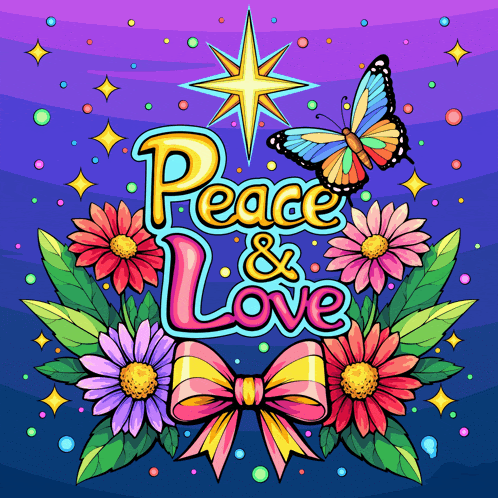 a peace and love poster with a butterfly and flowers