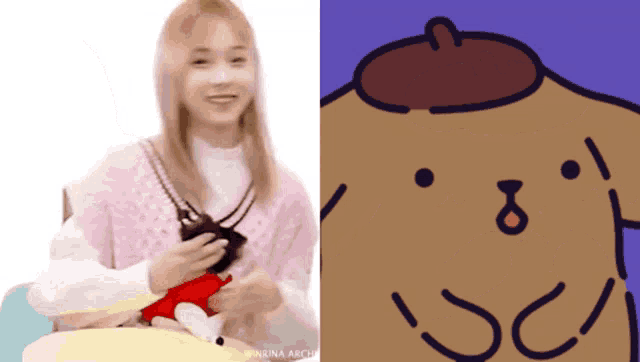 a woman is holding a stuffed animal next to a picture of a pompompurin
