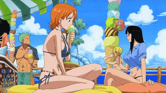 a woman in a bikini is eating an ice cream cone next to a stack of ice cream cones
