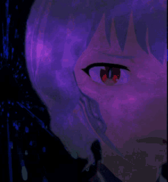 a close up of a person 's face with red eyes and purple hair