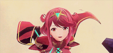 a cartoon girl with red hair and a green x on her chest is holding a sword .