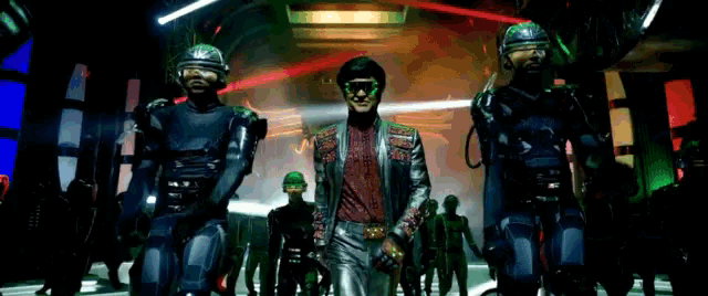 a group of soldiers are standing in a dark room with a man in a red shirt standing in the middle