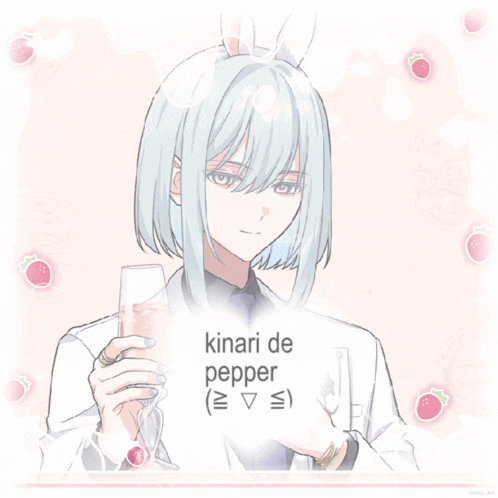 a girl with bunny ears is holding a glass and the words kinari de pepper are above her head