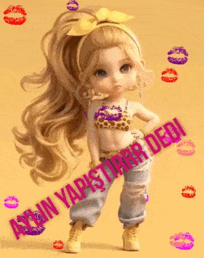 a doll is surrounded by kisses and the words " aşkin yapistirir dedi " on the bottom