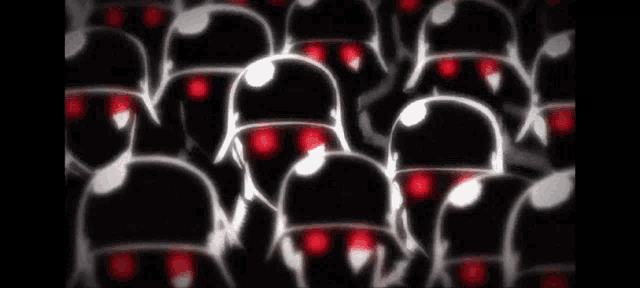 a group of soldiers with red eyes are standing next to each other .