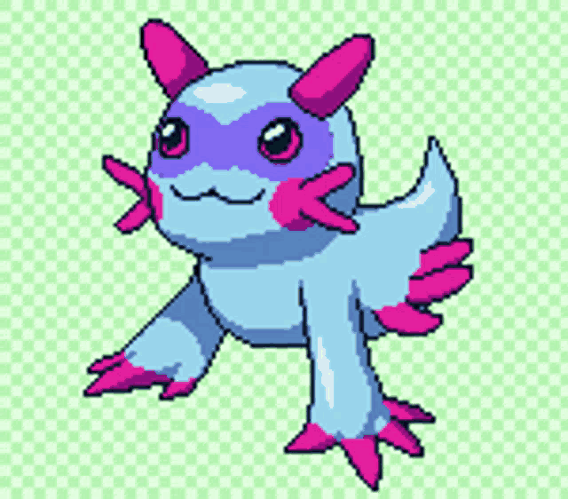 a pixel art drawing of a blue and pink creature