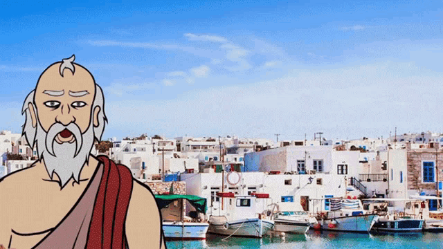 a cartoon of a man with a beard standing in front of a harbor with boats