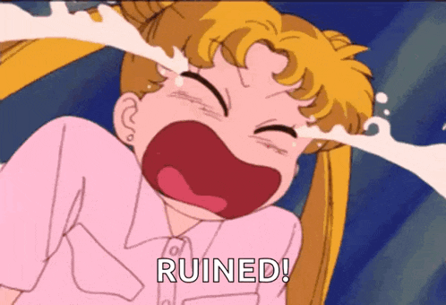 a girl in a pink shirt is crying with the words ruined behind her