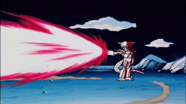a cartoon character is shooting a red and white beam