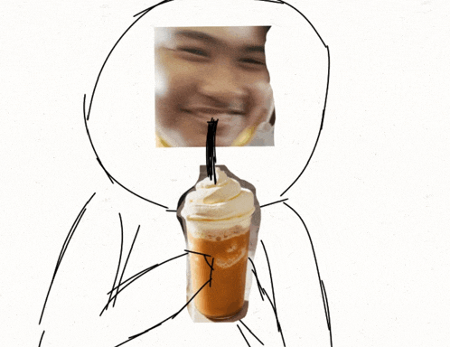 a drawing of a person drinking from a cup with whipped cream