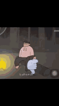 a cartoon of a man sitting on a log next to a child .