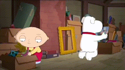 a cartoon character named stewie is sitting in a pile of boxes next to a dog