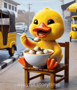 a cartoon duck is sitting on a chair eating a bowl of soup
