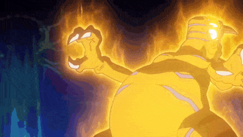 a cartoon character is surrounded by flames and is glowing brightly .