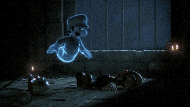 a video game scene with a ghost of luigi and mario laying on the ground