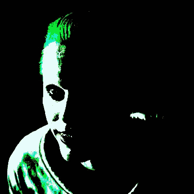 a pixelated image of a person 's face with green hair