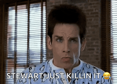 a man in a penguin pajama shirt says stewart just killin it