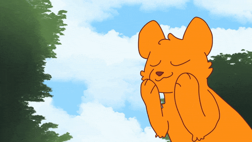 a cartoon cat with its eyes closed and its paws on its face