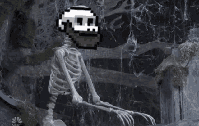 a skeleton with a pixelated skull on it