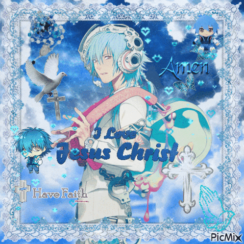 a picture of a boy with blue hair and the words have faith on the bottom