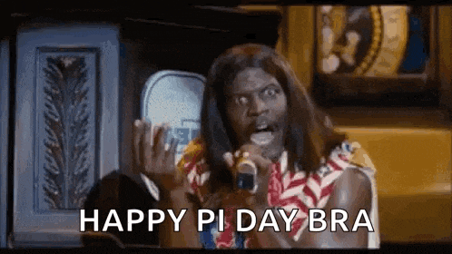a man with long hair is holding a microphone in his hand and says `` happy pi day bra '' .