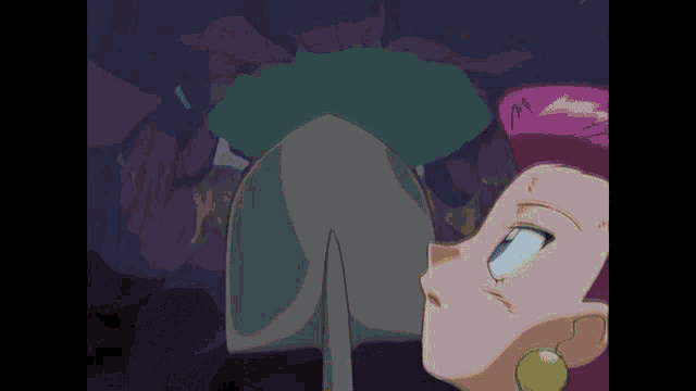 a cartoon of a woman with a pink hair and earrings looking up at a green object .