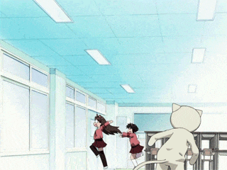 a cartoon of a girl and a cat in a school hallway