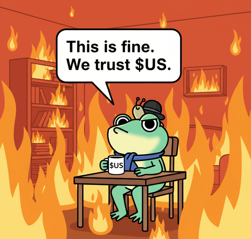 a cartoon of a frog holding a cup that says $ us