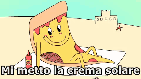 a cartoon drawing of a slice of pizza laying on a towel with the words " mi metto la crema solare " below it