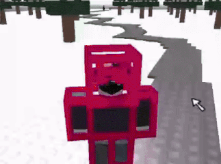 a red minecraft character is standing in the snow in a forest .