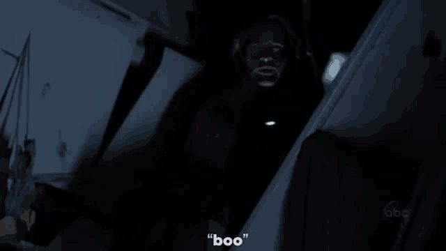 a man in a dark room says " boo " in a dark room