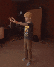 a boy in a simpson shirt is standing in a room with the word yeet written on the floor