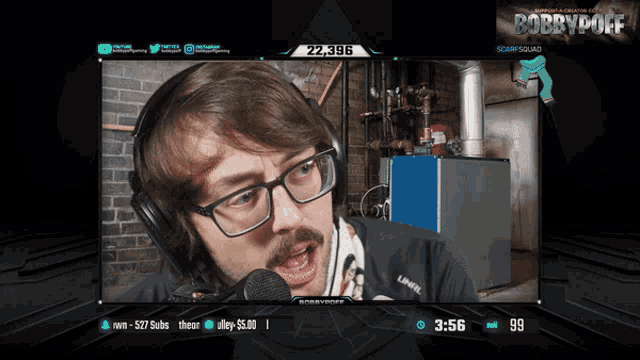 a man with glasses and a mustache is talking into a microphone on a screen that says bobby doff