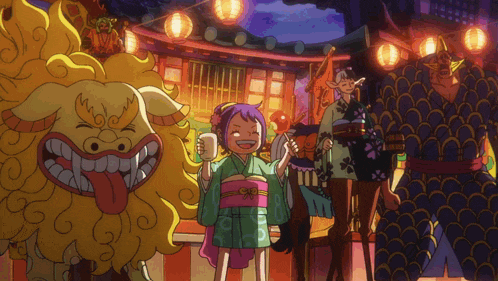 a girl in a kimono stands in front of a lion with a tongue sticking out