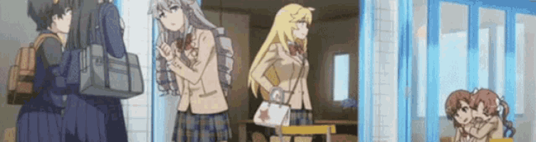 a group of anime girls are standing outside of a building .