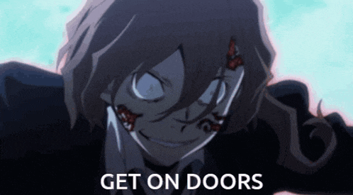 a cartoon character with blood on his face and the words " get on doors " below him
