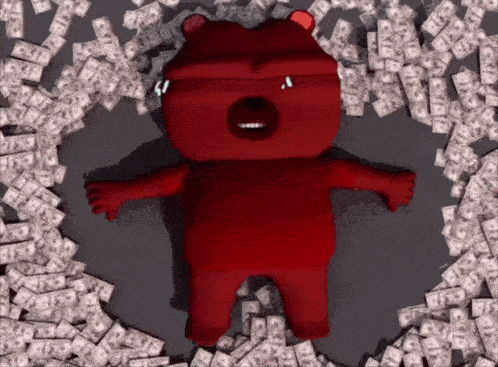 a red teddy bear is surrounded by stacks of dollar bills