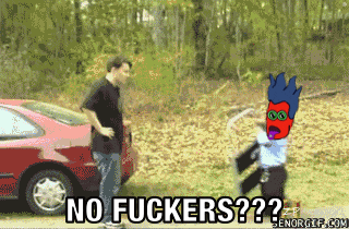 a man standing next to a red car with the words no fuckers written on the bottom