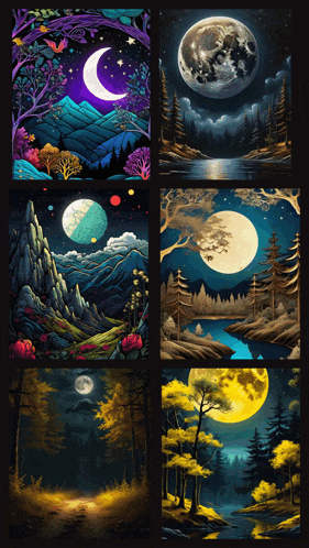 a collage of paintings of the moon in different stages of growth