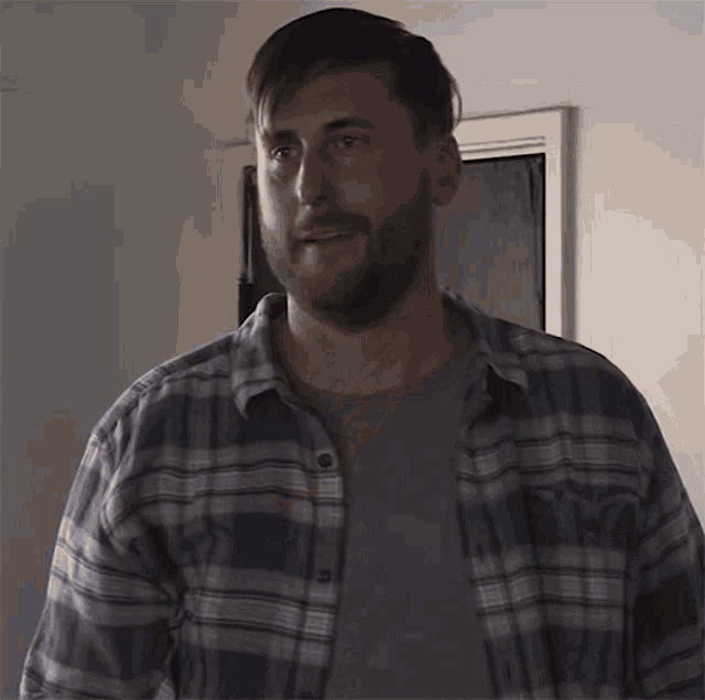 a man in a plaid shirt is standing in front of a window