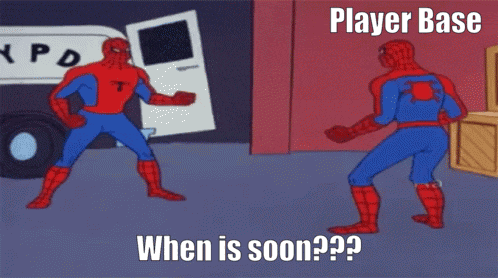 a cartoon of two spider-man standing next to each other with the words player base when is soon